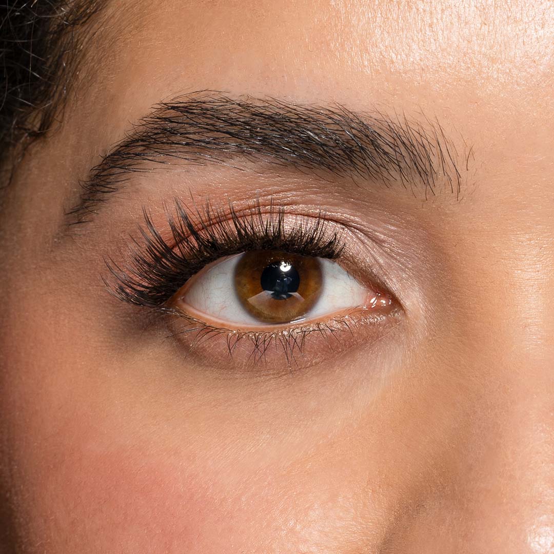 Close up van Spicy touch nepwimpers een wispy, volle, cat eye look op een oog in 10mm,12mm en 14mm van Celine noé.