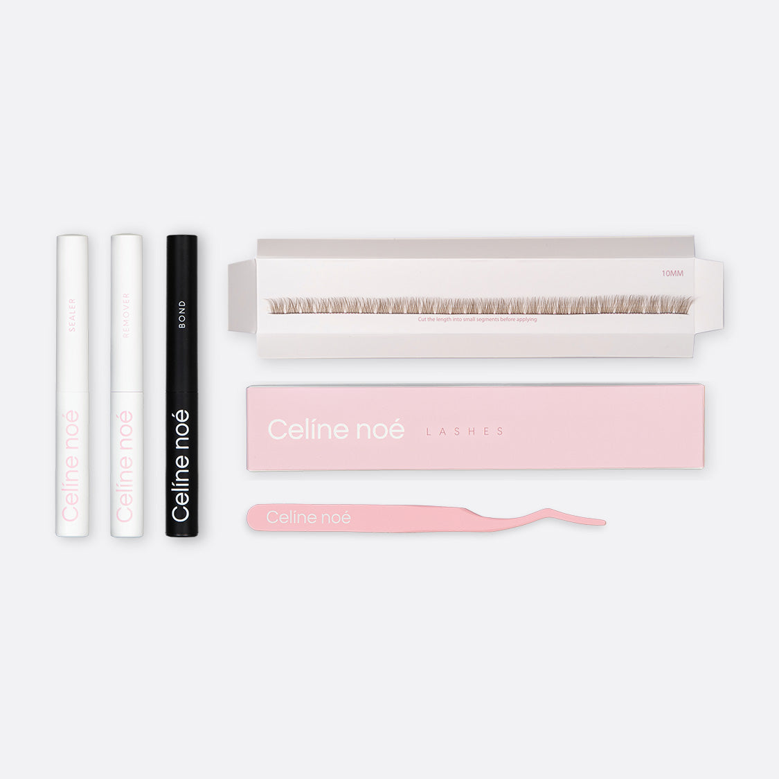 Bruine 10mm nepwimpers kit van Celíne noé met tools om de lashes te kunnen gebruiken inclusief de bond, remover, sealer en een tweezer.