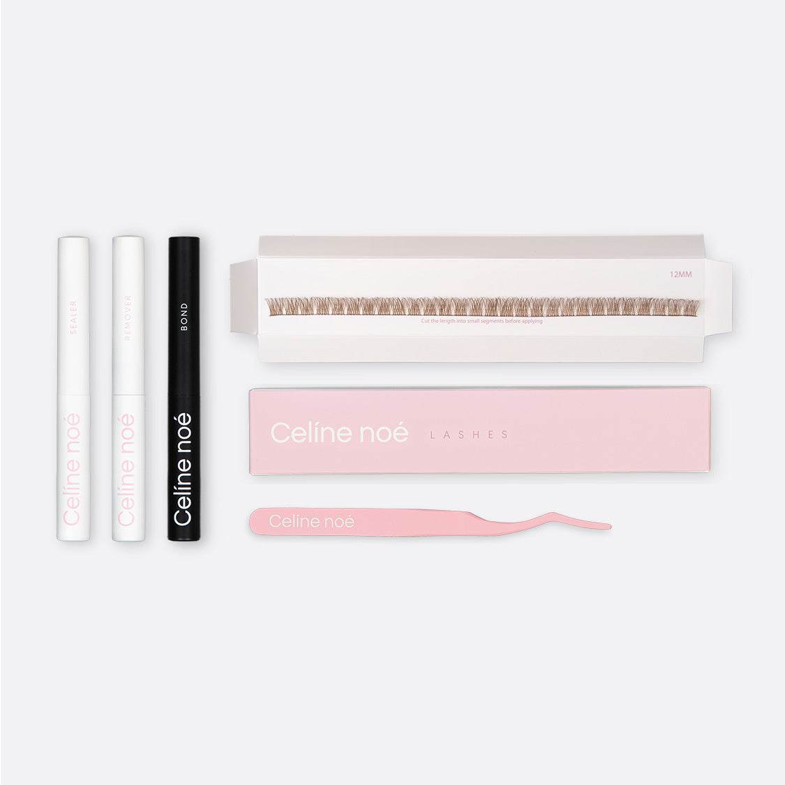 Bruine 12mm nepwimpers kit van Celíne noé met tools om de lashes te kunnen gebruiken. 